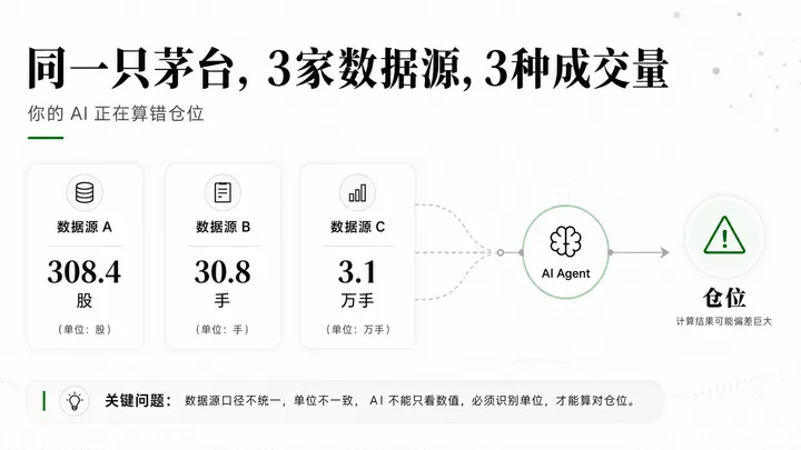 同一只茅台3家数据源3种成交量——你的AI正在算错仓位