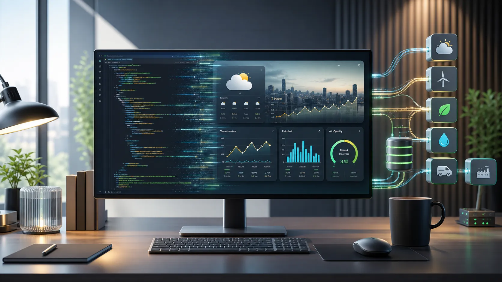 A monitor displays code and chart interfaces, with a code editor on the left and weather/data visualizations on the right. Icons representing cloud, wind, droplets, car, and factory connect to the monitor. This image visually demonstrates the website’s code operation and data visualization capabilities, aligning with the document’s emphasis on a unified experience path for search, invocation, return, error handling, and visualization.