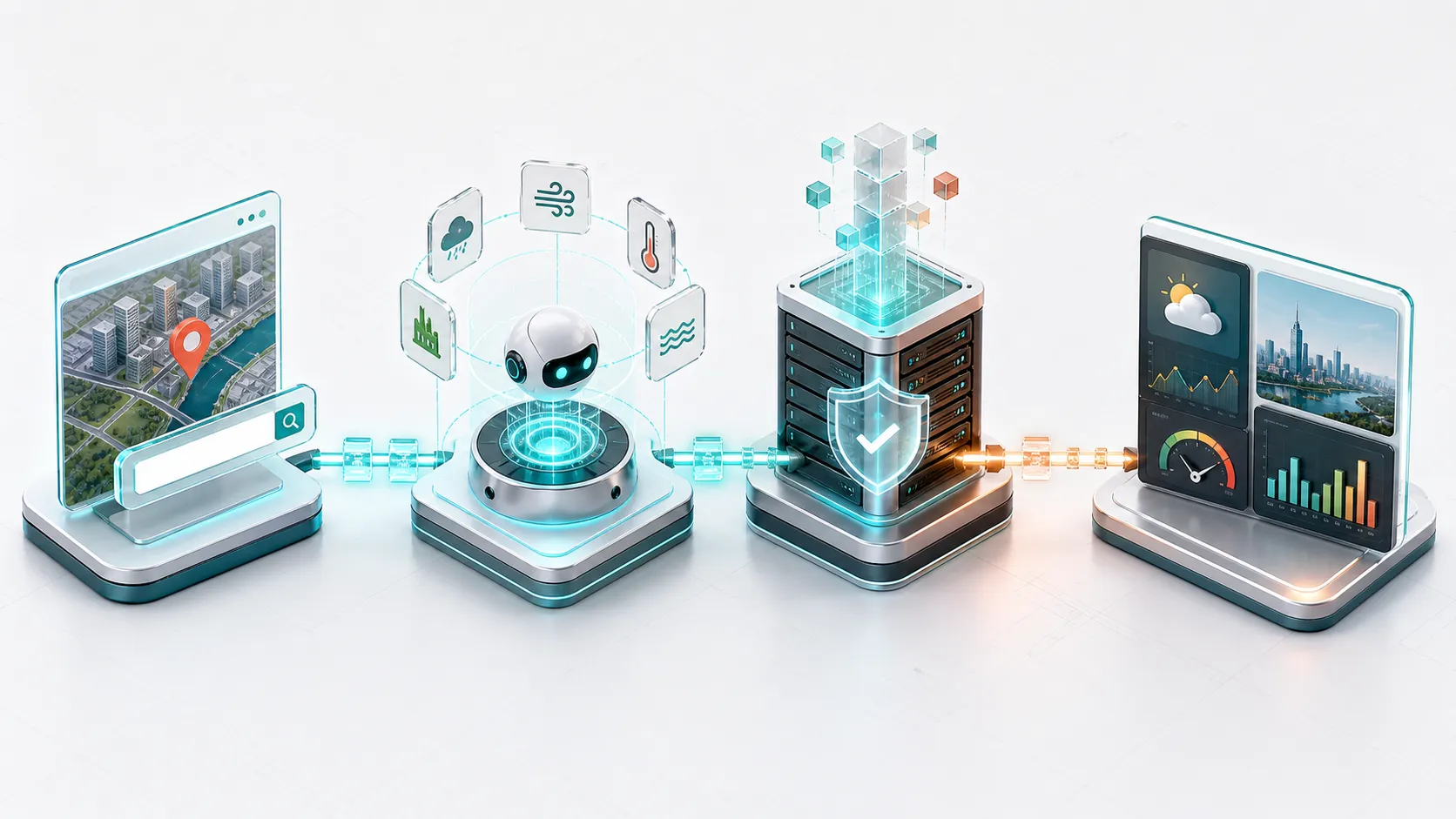 System architecture showing Codex Sites and QVeris integration. A phone with map/position icon (left), a robot surrounded by weather/map/chart icons (middle), and a server with shield/tick (right), followed by a phone with weather charts. This visualizes the flow: backend uses search_id to execute tools, consolidates data, and sends sanitized results to the browser without exposing credentials.