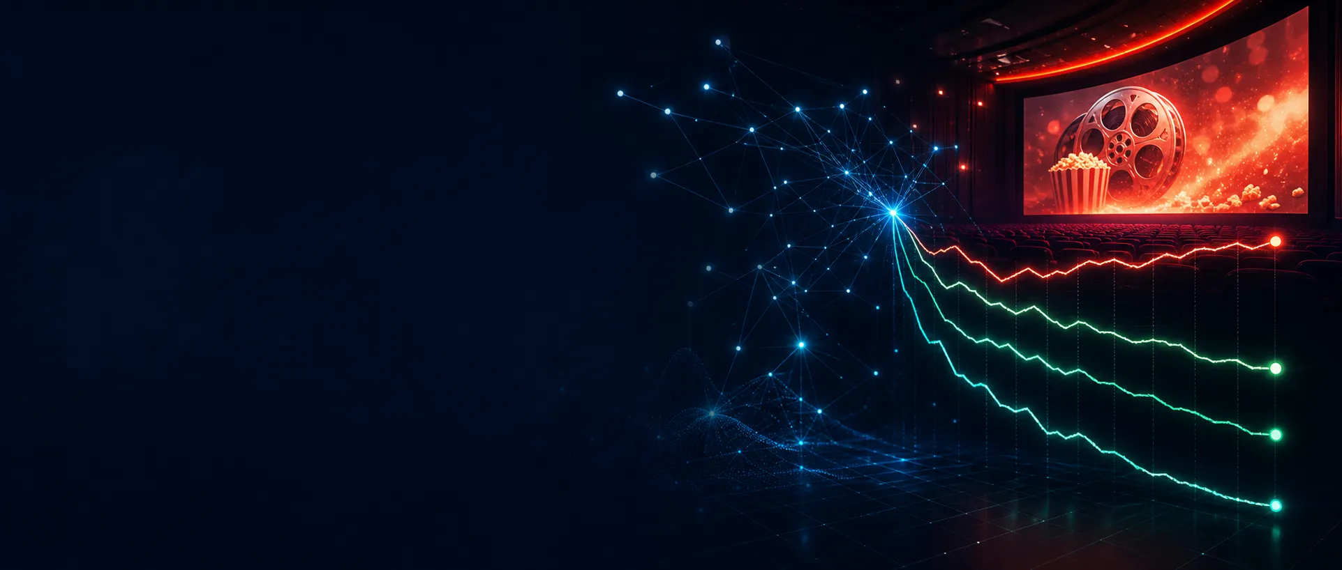 A visual effect themed around cinema. The right side shows a movie theater projection room with film reels and popcorn on screen, evoking a cinematic atmosphere. Lines extend left from the projection room, ending in blue light points forming a network structure, symbolizing connections between films, audiences, and the market. The overall tone is dark with blue and red accents, highlighting the brightness of the theater and screen elements, aligning with the context of box office performance.