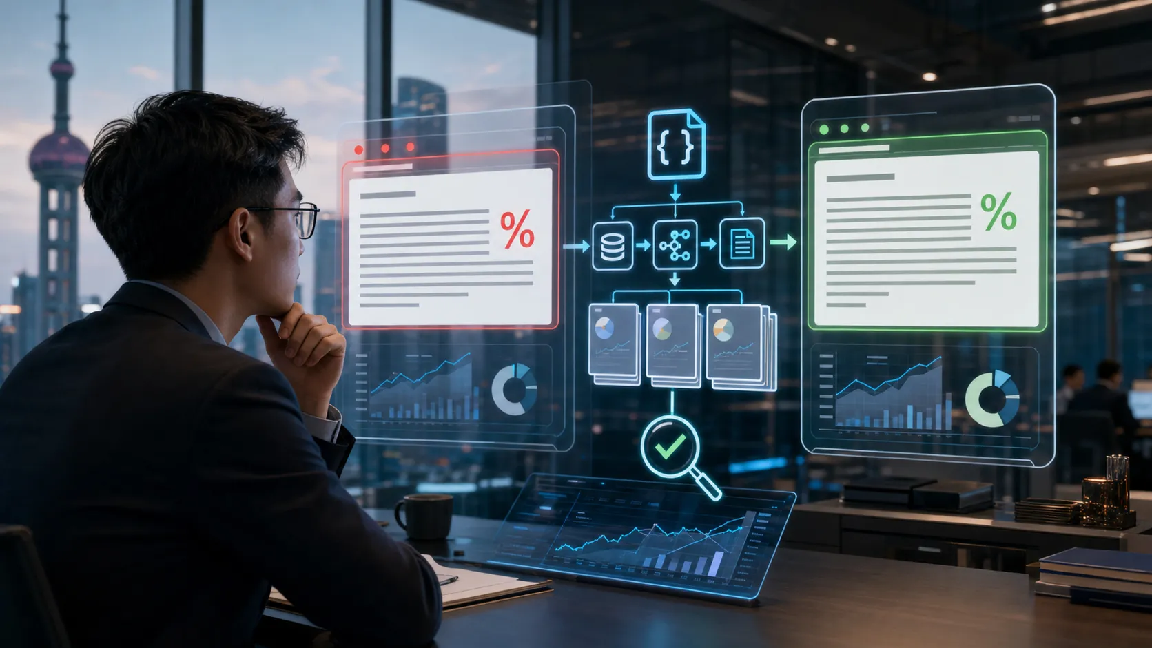 The image shows a fintech work scene: a formally dressed man looks at virtual screens displaying a financial data processing flow. The left screen shows original percentage data, while the same type of percentage on the right screen changes after passing through an intermediate process. The scene reflects the financial AI data error described in the article and visually presents the risk of distortion during financial tool output.