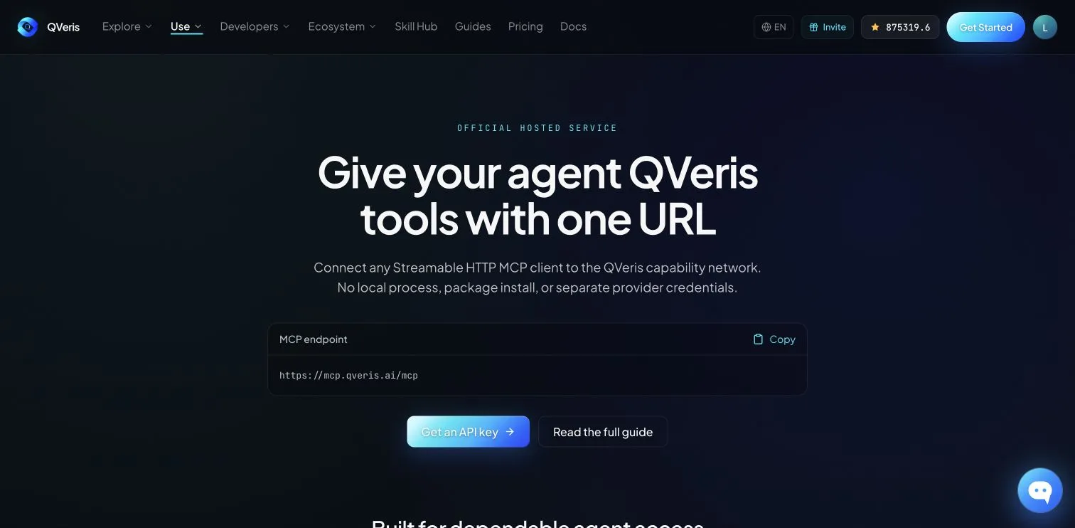 The image shows the QVeris homepage with the headline "Give your agent QVeris tools with one URL." It emphasizes giving an agent QVeris tools through a single URL. The top navigation includes Explore, Use, and Developers, while the upper-right area shows EN, Invite, an account balance, and Get Started. The center includes an MCP endpoint field plus buttons for getting an API key and reading the full guide.