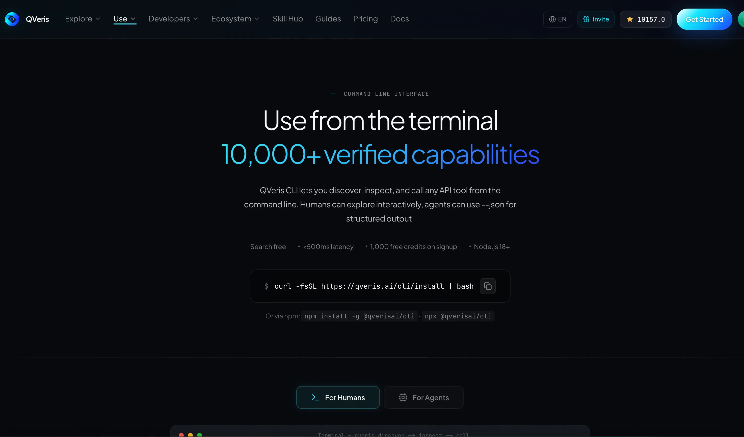 The QVeris Use page, showing terminal-based QVeris CLI usage and emphasizing discovery, inspection, and calling across 10,000+ verified capabilities.