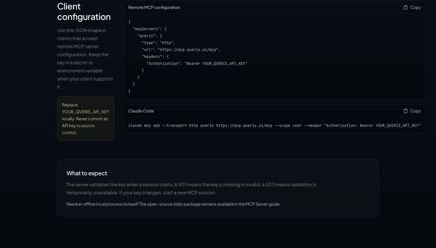 QVeris Hosted MCP client configuration example.