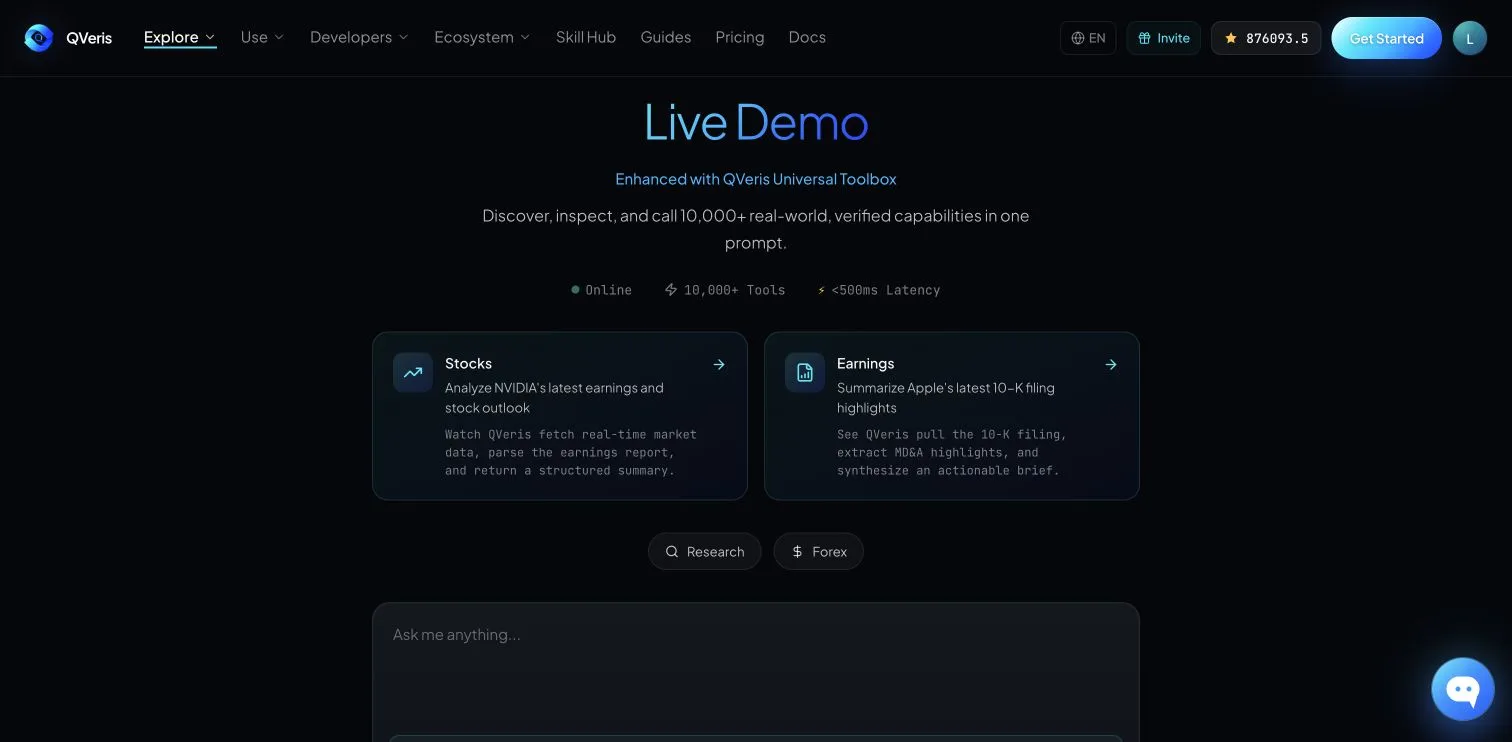 The image shows the QVeris.ai Playground Live Demo interface. The top navigation includes Explore, Use, Developers, etc. The center displays "Live Demo" with a description of discovering, inspecting, and calling over 10,000 real-world validated capabilities. Below are examples labeled "Stocks" (analyzing NVIDIA earnings) and "Earnings" (summarizing Apple 10-K highlights). The bottom input field prompts "Ask me anything..." with "Research" and "Forex" tags. This image aligns with the Discover→Inspect→Call→Answer workflow described in the text.