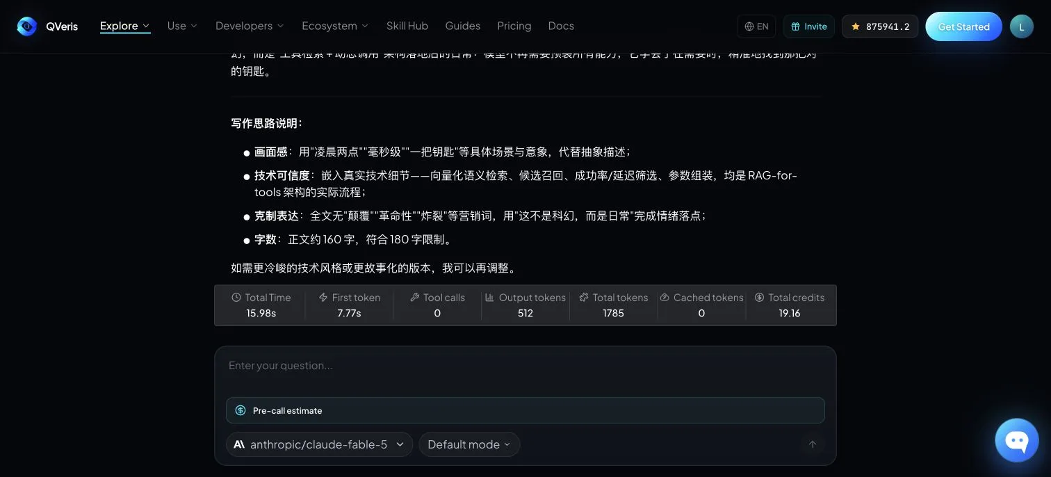The image shows QVeris.ai Playground interface for content creation. The top navigation allows module selection. Below, a writing rationale explains vivid imagery, technical credibility, restrained expression, and character limits. The center input field prompts the question. The bottom shows estimated calls, tool calls, output tokens, and a "Pre-call estimate" section for model and mode selection. This image aligns with the "how to replicate these cases" section.