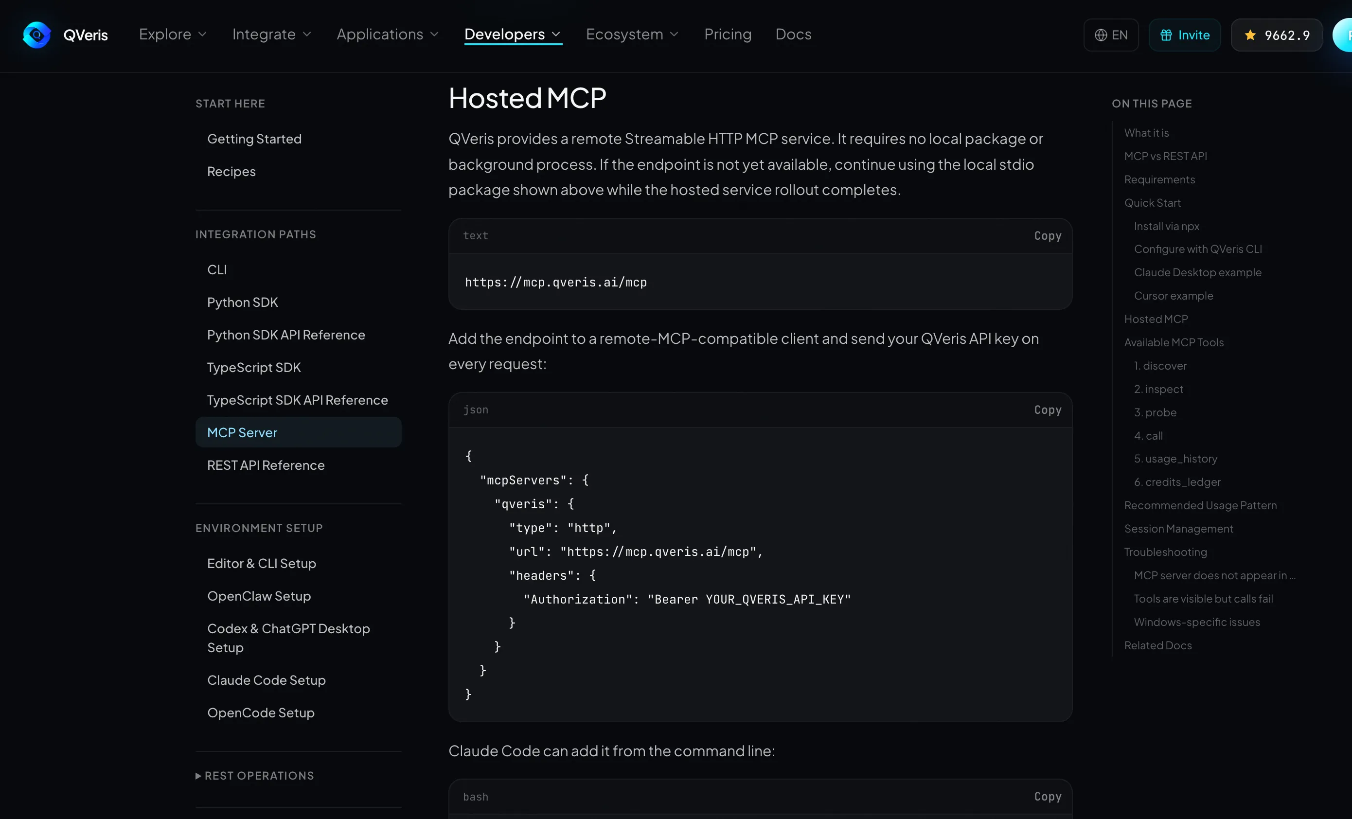 The QVeris official Hosted MCP page. Its top navigation includes Explore, Integrate, and Applications. The main content introduces Hosted MCP as a remote Streamable HTTP MCP service that requires no local package or background process, with a local studio package as a fallback if the endpoint is not ready. On the right is an "ON THIS PAGE" outline, and below is a JSON configuration example with endpoint, type, url, and headers, where the headers section includes an "Authorization" field for the QVeris API key.